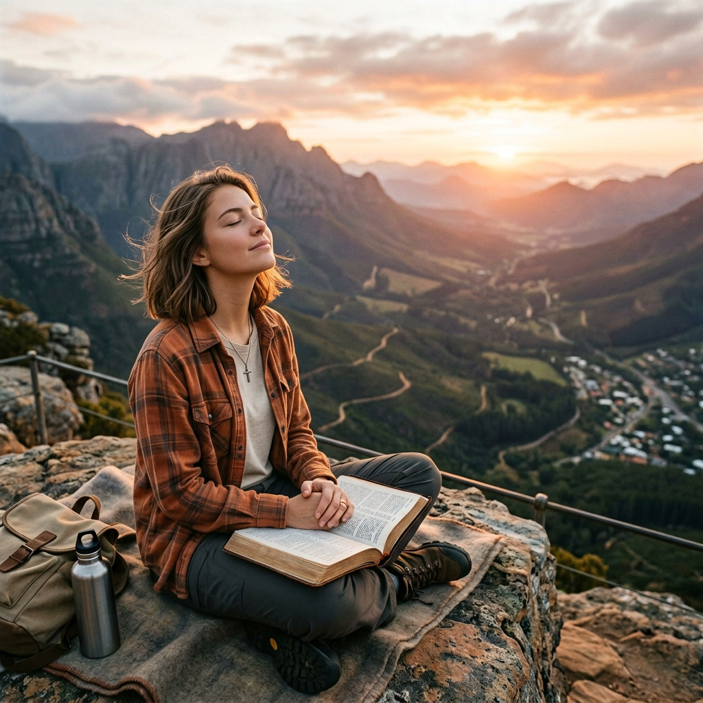 Woman reading an open book at a mountain overlook during sunset